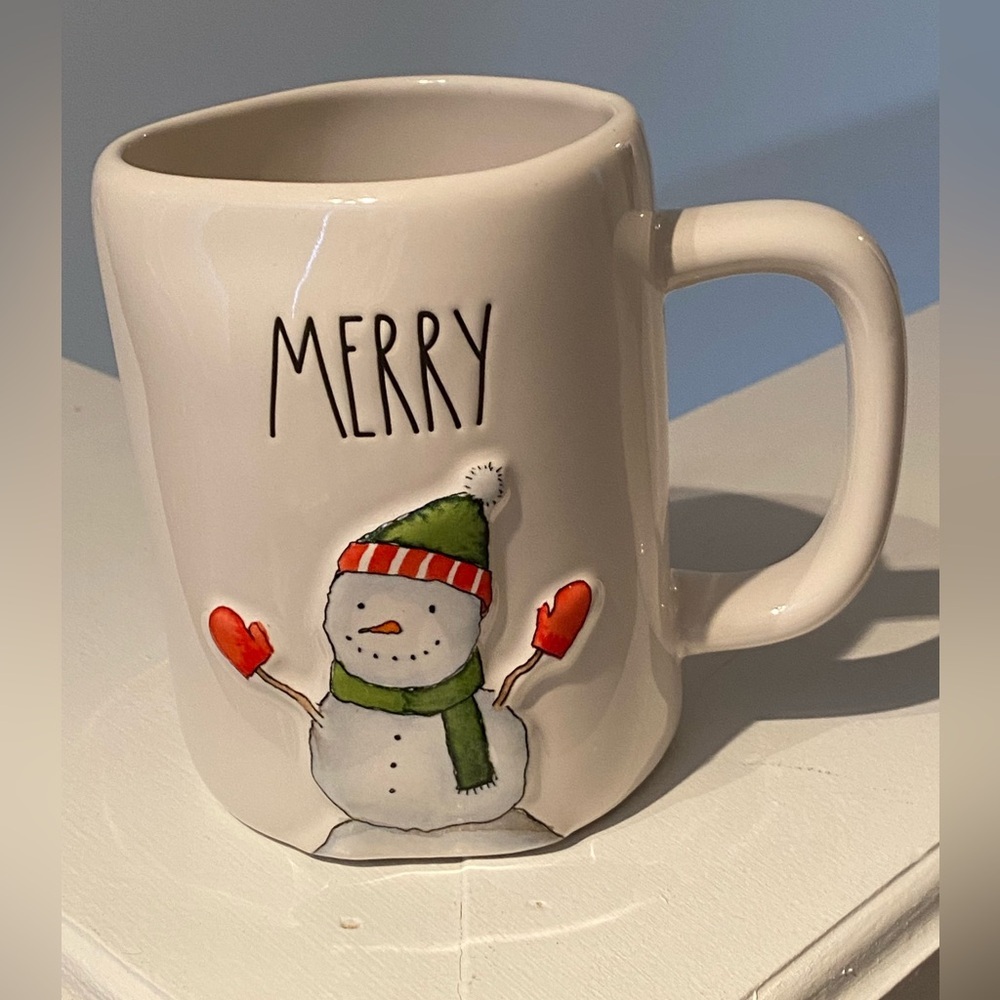 Rae Dunn Merry Snowman Mug with Green and Red Accents